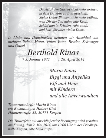 Anzeige von Berthold Rinas von  Werbepost 