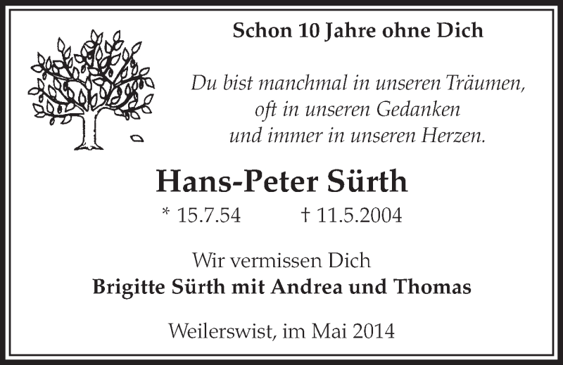  Traueranzeige für Hans-Peter Sürth vom 07.05.2014 aus  Schlossbote/Werbekurier 