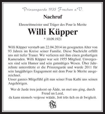 Anzeige von Willi Küpper von  Wochenende 