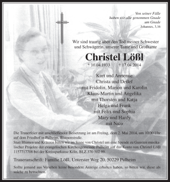 Anzeige von Christel Lößl von  Wochenende 