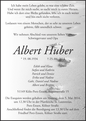 Anzeige von Albert Huber von  Kölner Wochenspiegel 