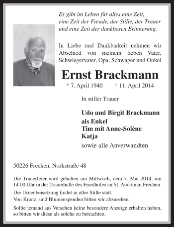 Anzeige von Ernst Brackmann von  Wochenende 