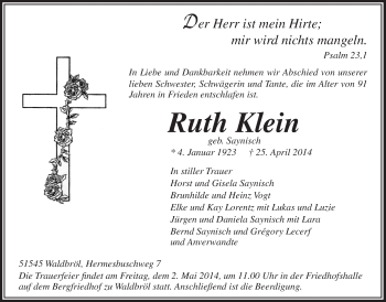 Anzeige von Ruth Klein von  Lokalanzeiger 
