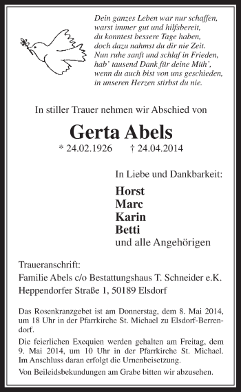 Anzeige von Gerta Abels von  Werbepost 