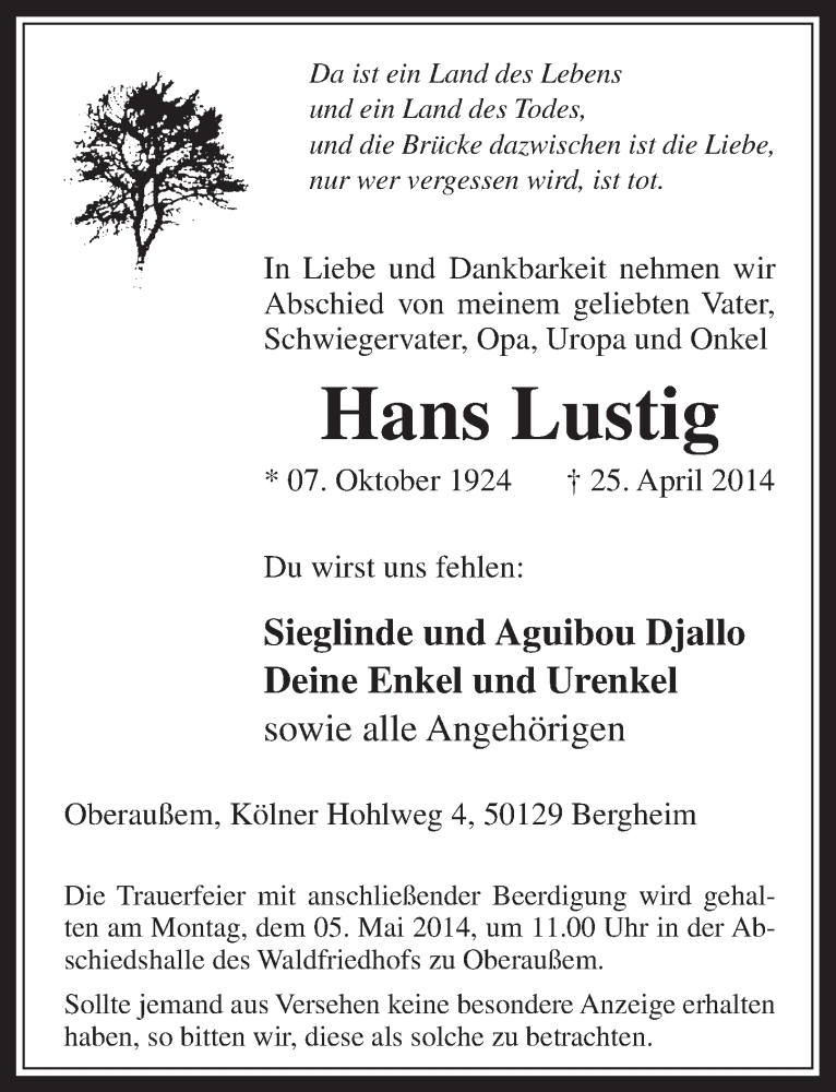  Traueranzeige für Hans Lustig vom 30.04.2014 aus  Werbepost 