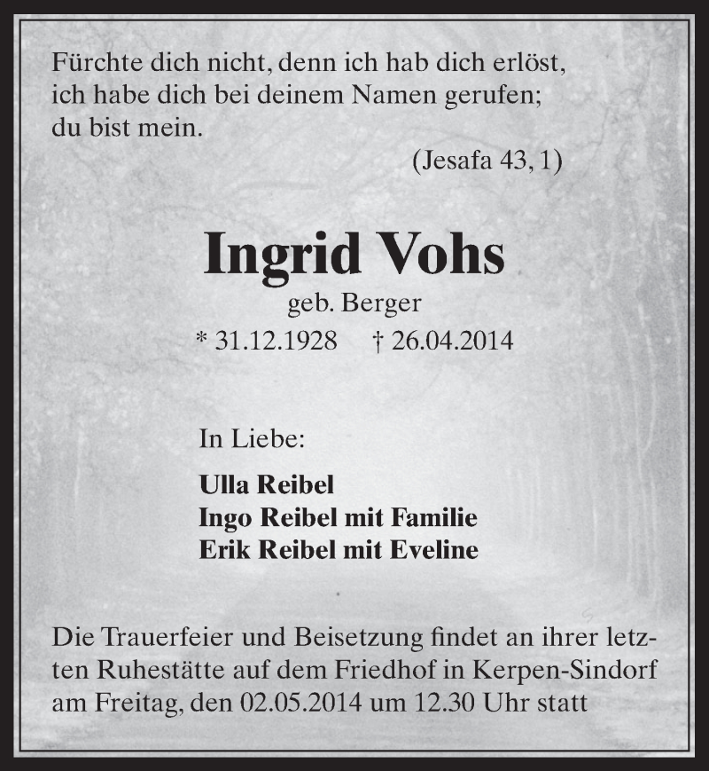  Traueranzeige für Ingrid Vohs vom 30.04.2014 aus  Werbepost 