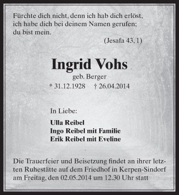Anzeige von Ingrid Vohs von  Werbepost 