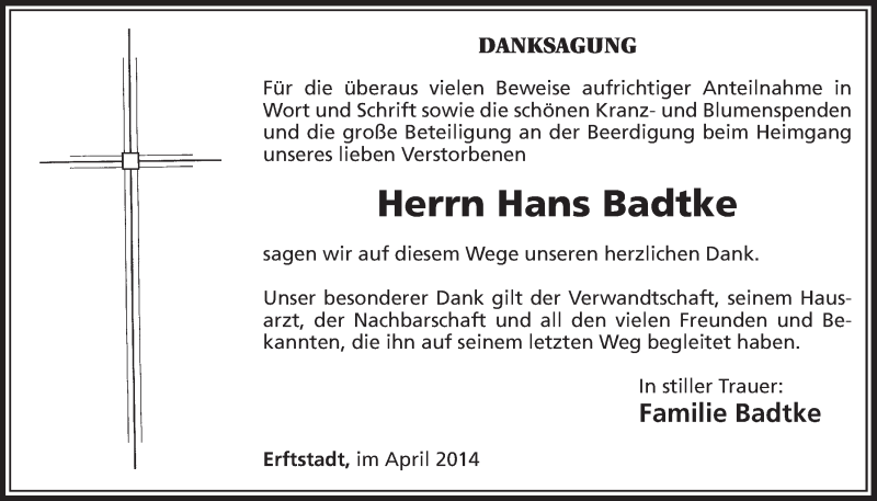  Traueranzeige für Hans Badtke vom 07.05.2014 aus  Werbepost 