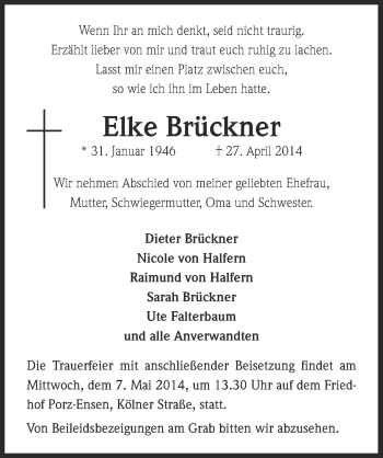 Anzeige von Elke Brückner von  Kölner Wochenspiegel 