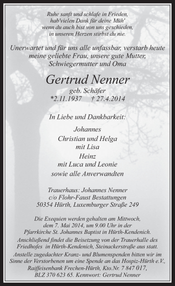 Anzeige von Gertrud Nenner von  Wochenende 