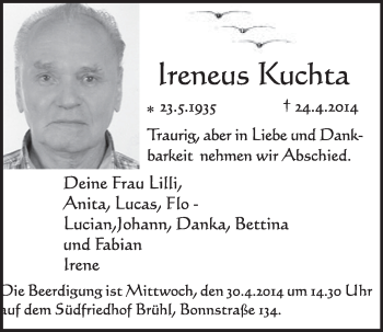 Anzeige von Ireneus Kuchta von  Schlossbote/Werbekurier 