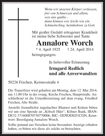 Anzeige von Annalore Worch von  Kölner Wochenspiegel 