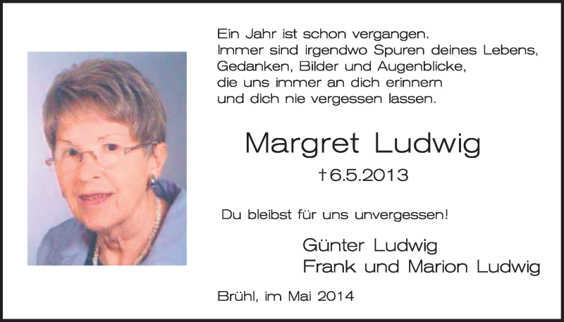  Traueranzeige für Margret Ludwig vom 07.05.2014 aus  Schlossbote/Werbekurier 
