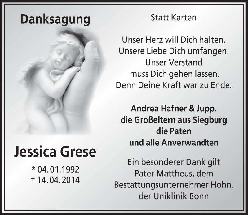  Traueranzeige für Jessica Grese vom 07.05.2014 aus  Extra Blatt 