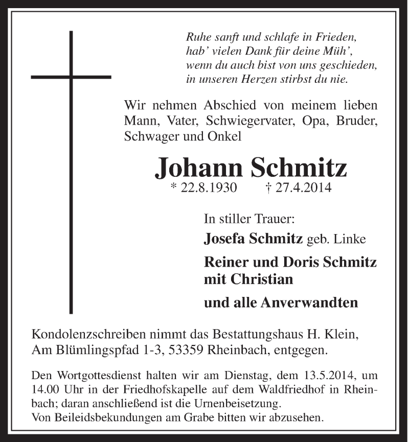  Traueranzeige für Johann Schmitz vom 07.05.2014 aus  Schaufenster/Blickpunkt 