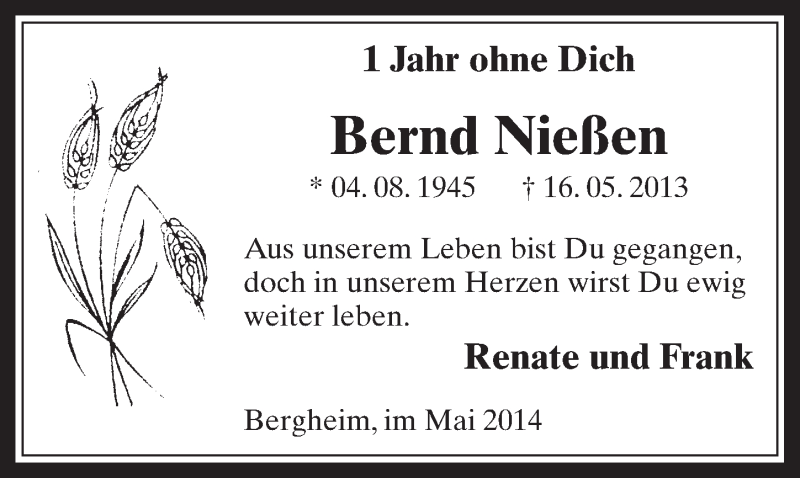  Traueranzeige für Bernd Nießen vom 14.05.2014 aus  Werbepost 