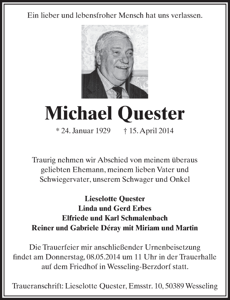  Traueranzeige für Michael Quester vom 07.05.2014 aus  Schlossbote/Werbekurier 