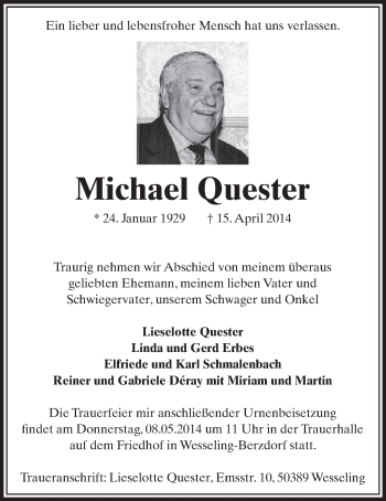 Anzeige von Michael Quester von  Schlossbote/Werbekurier 