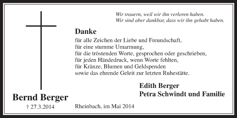  Traueranzeige für Bernd Berger vom 07.05.2014 aus  Schaufenster/Blickpunkt 