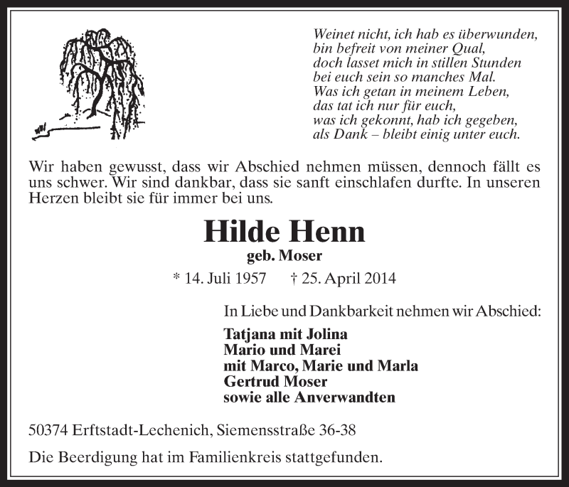  Traueranzeige für Hilde Henn vom 07.05.2014 aus  Werbepost 
