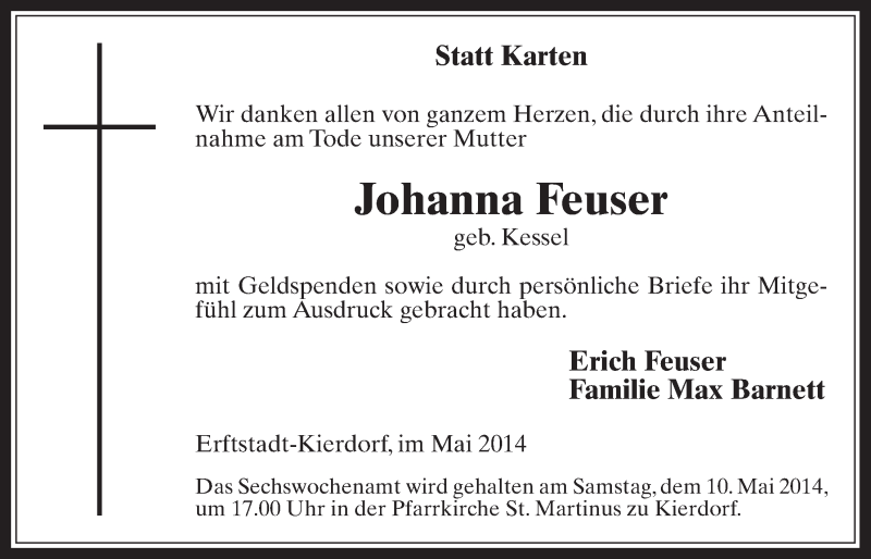  Traueranzeige für Johanna Feuser vom 07.05.2014 aus  Werbepost 
