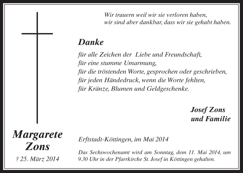  Traueranzeige für Margarete Zons vom 07.05.2014 aus  Werbepost 