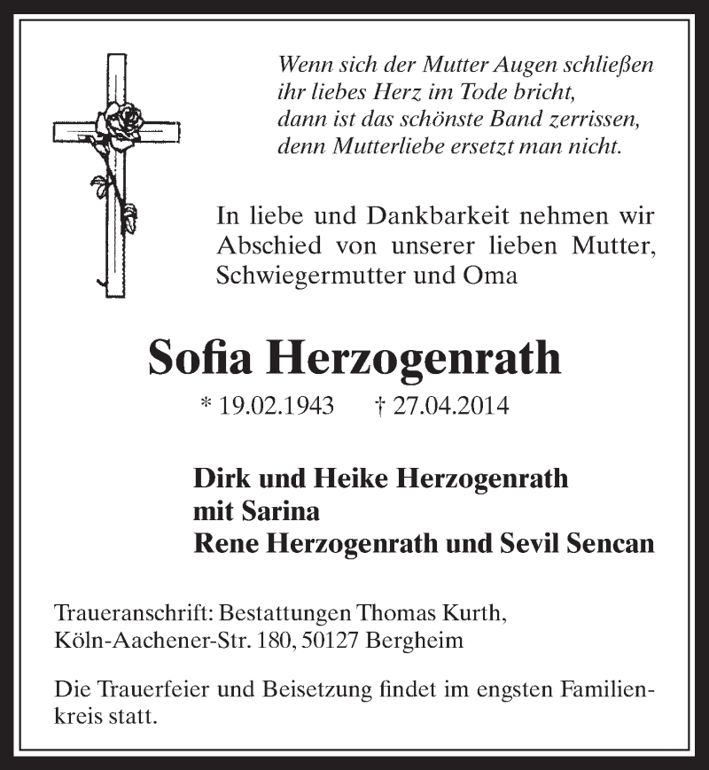  Traueranzeige für Sofia Herzogenrath vom 07.05.2014 aus  Werbepost 