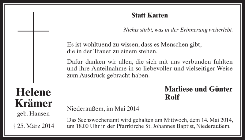  Traueranzeige für Helene Krämer vom 07.05.2014 aus  Werbepost 