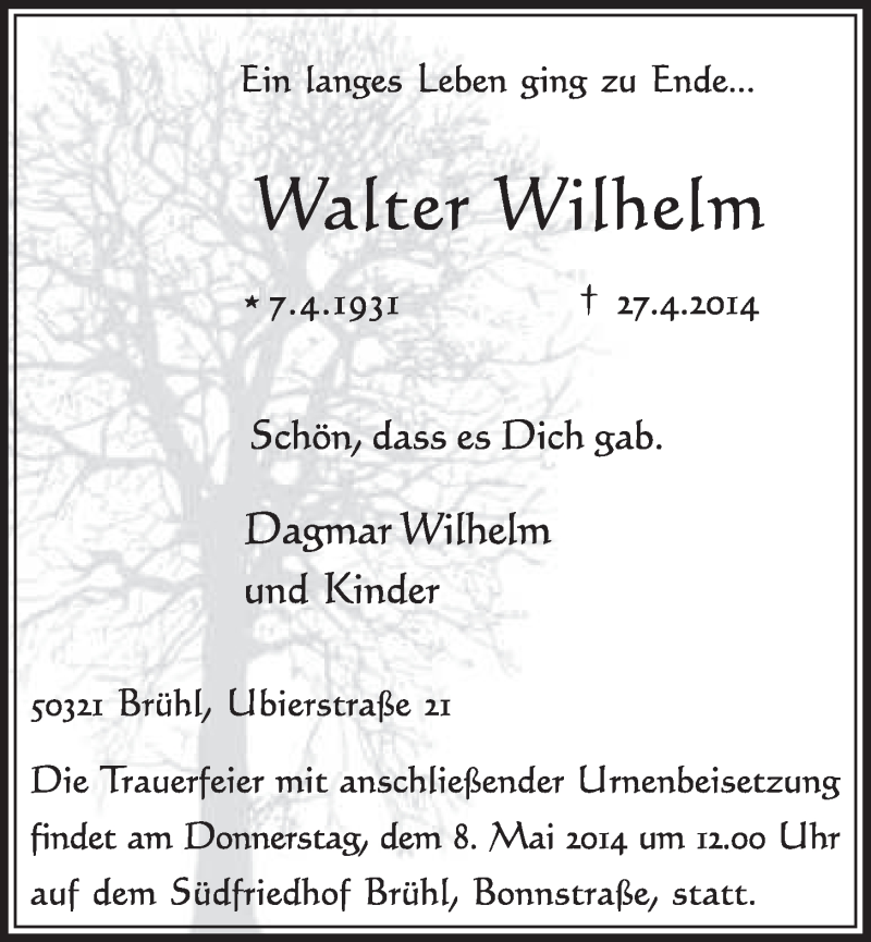  Traueranzeige für Walter Wilhelm vom 07.05.2014 aus  Schlossbote/Werbekurier 