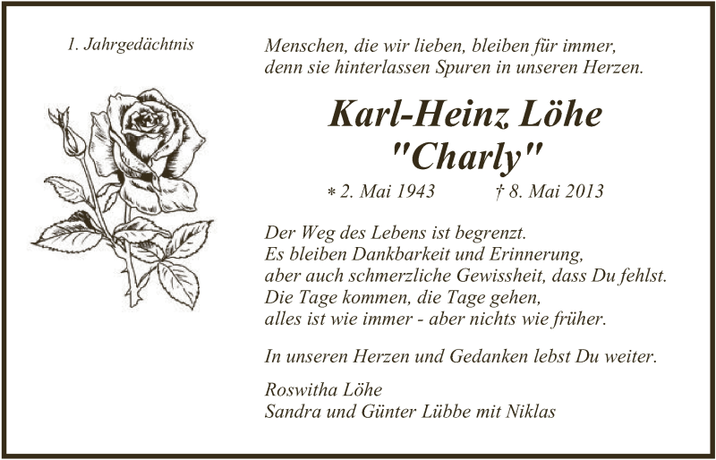  Traueranzeige für Karl-Heinz Löhe vom 07.05.2014 aus  Bergisches Handelsblatt 
