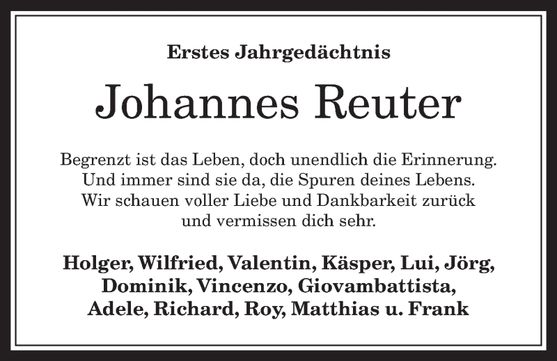  Traueranzeige für Johannes Reuter vom 07.05.2014 aus  Schaufenster/Blickpunkt 