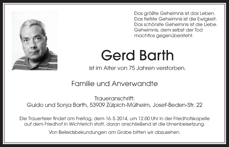  Traueranzeige für Gerd Barth vom 07.05.2014 aus  Schlossbote/Werbekurier 