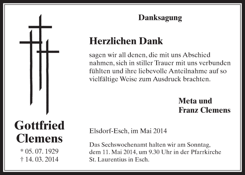 Traueranzeige für Gottfried Clemens vom 07.05.2014 aus  Werbepost 