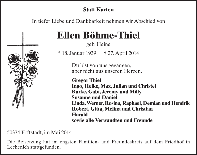  Traueranzeige für Ellen Böhme-Thiel vom 07.05.2014 aus  Werbepost 