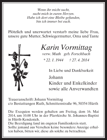 Anzeige von Karin Vormittag von  Wochenende 