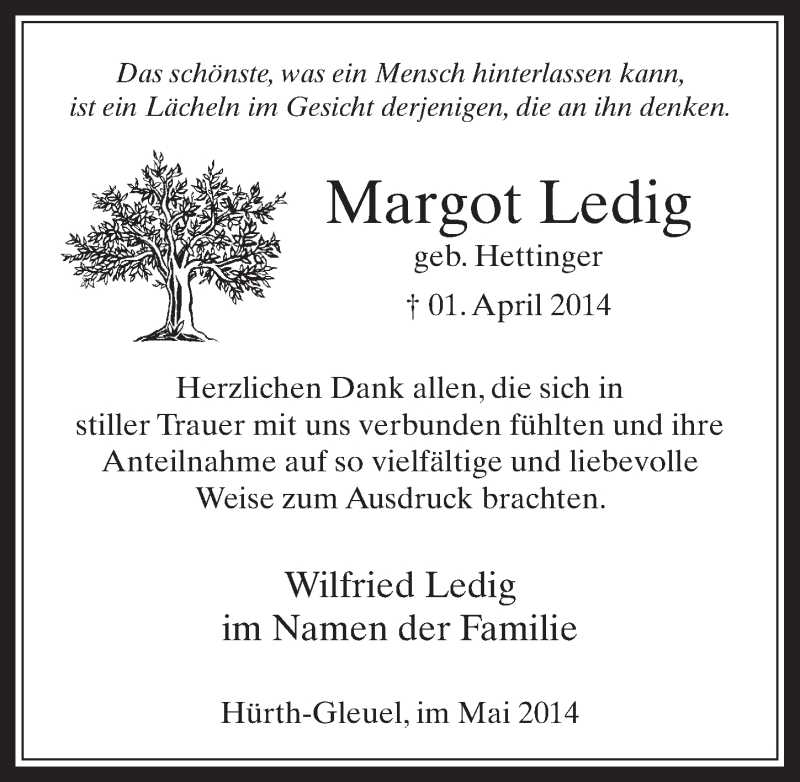  Traueranzeige für Margot Ledig vom 07.05.2014 aus  Wochenende 