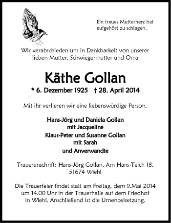 Anzeige von Käthe Gollan von  Anzeigen Echo 