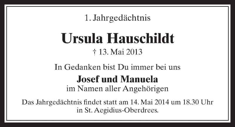  Traueranzeige für Ursula Hauschildt vom 07.05.2014 aus  Schaufenster/Blickpunkt 