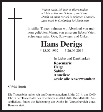 Anzeige von Hans Derigs von  Wochenende 