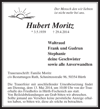 Anzeige von Hubert Moritz von  Wochenende 