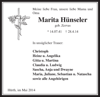 Anzeige von Marita Hünseler von  Wochenende 
