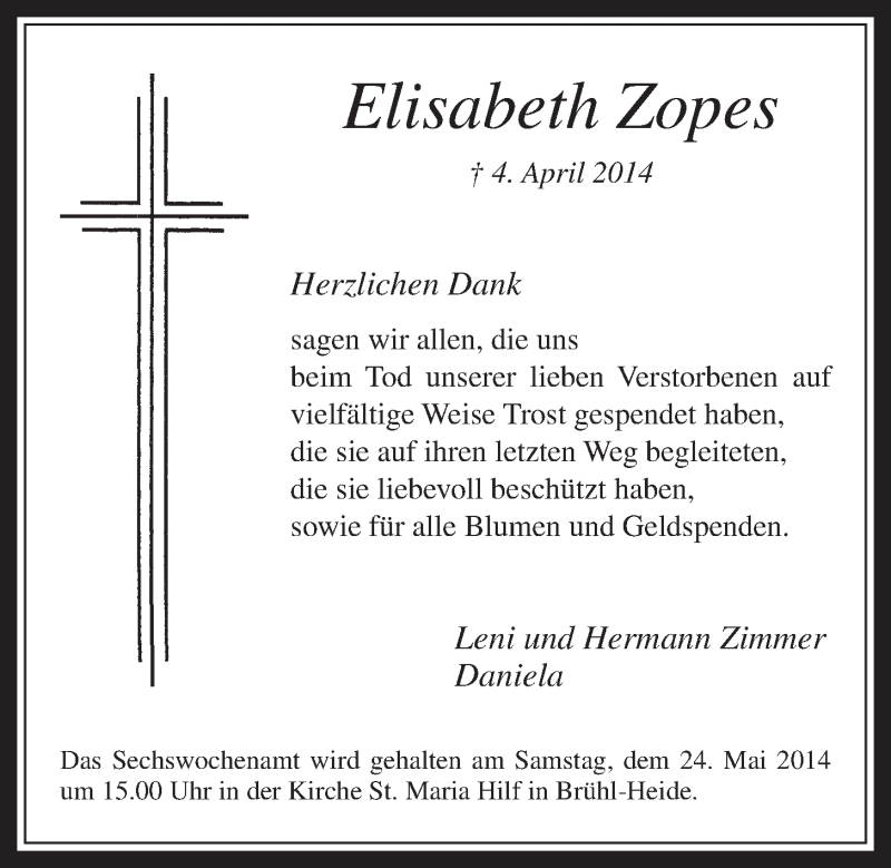  Traueranzeige für Elisabeth Zopes vom 14.05.2014 aus  Schlossbote/Werbekurier 