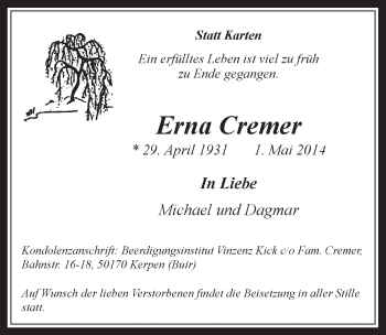 Anzeige von Erna Cremer von  Werbepost 