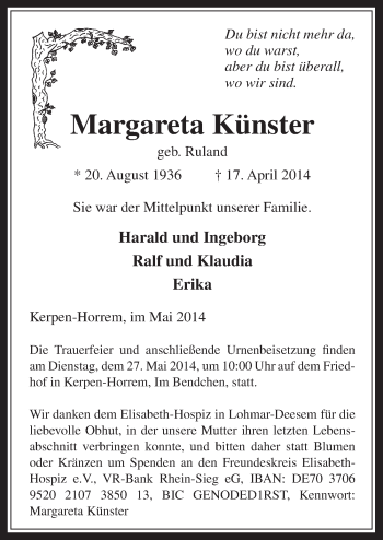 Anzeige von Margareta Künster von  Werbepost 