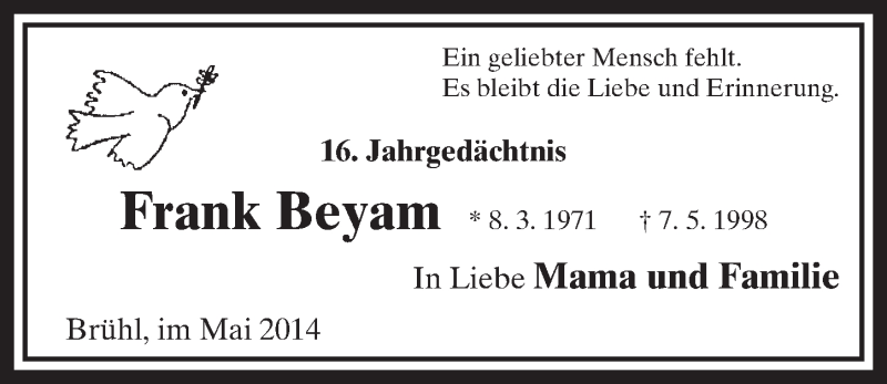  Traueranzeige für Frank Beyam vom 07.05.2014 aus  Schlossbote/Werbekurier 