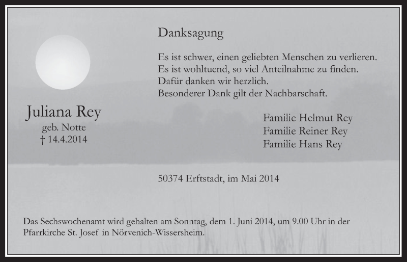  Traueranzeige für Juliana Rey vom 28.05.2014 aus  Werbepost 