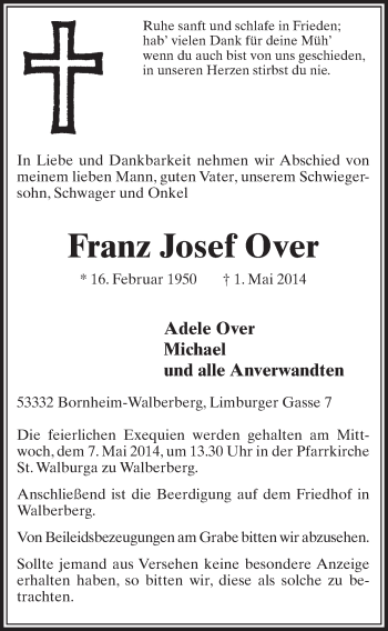 Anzeige von Franz Josef Over von  Schlossbote/Werbekurier 