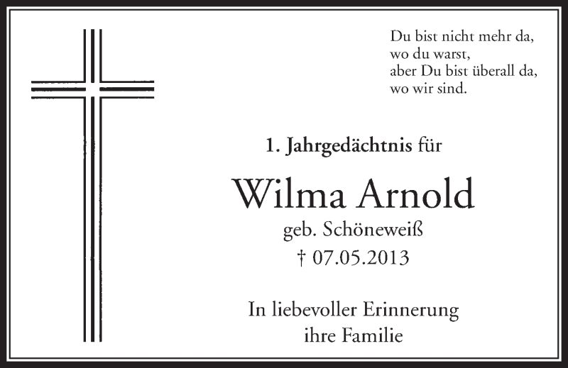 Traueranzeige für Wilma Arnold vom 07.05.2014 aus  Schaufenster/Blickpunkt 