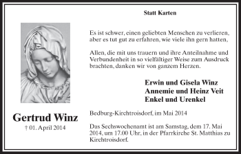 Anzeige von Gertrud Winz von  Sonntags-Post 