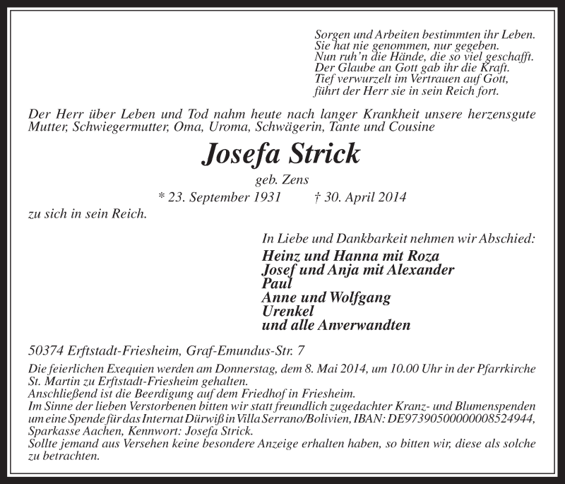  Traueranzeige für Josefa Strick vom 07.05.2014 aus  Werbepost 